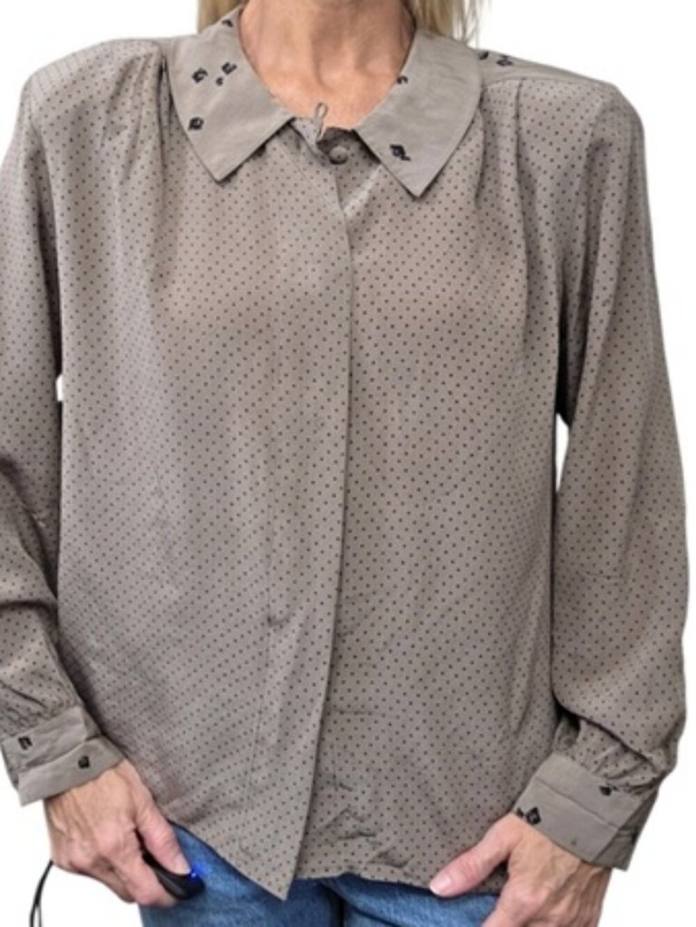 Vintage Carole Little 100% Silk Polka Dot Blouse Taupe 6 80s 90s